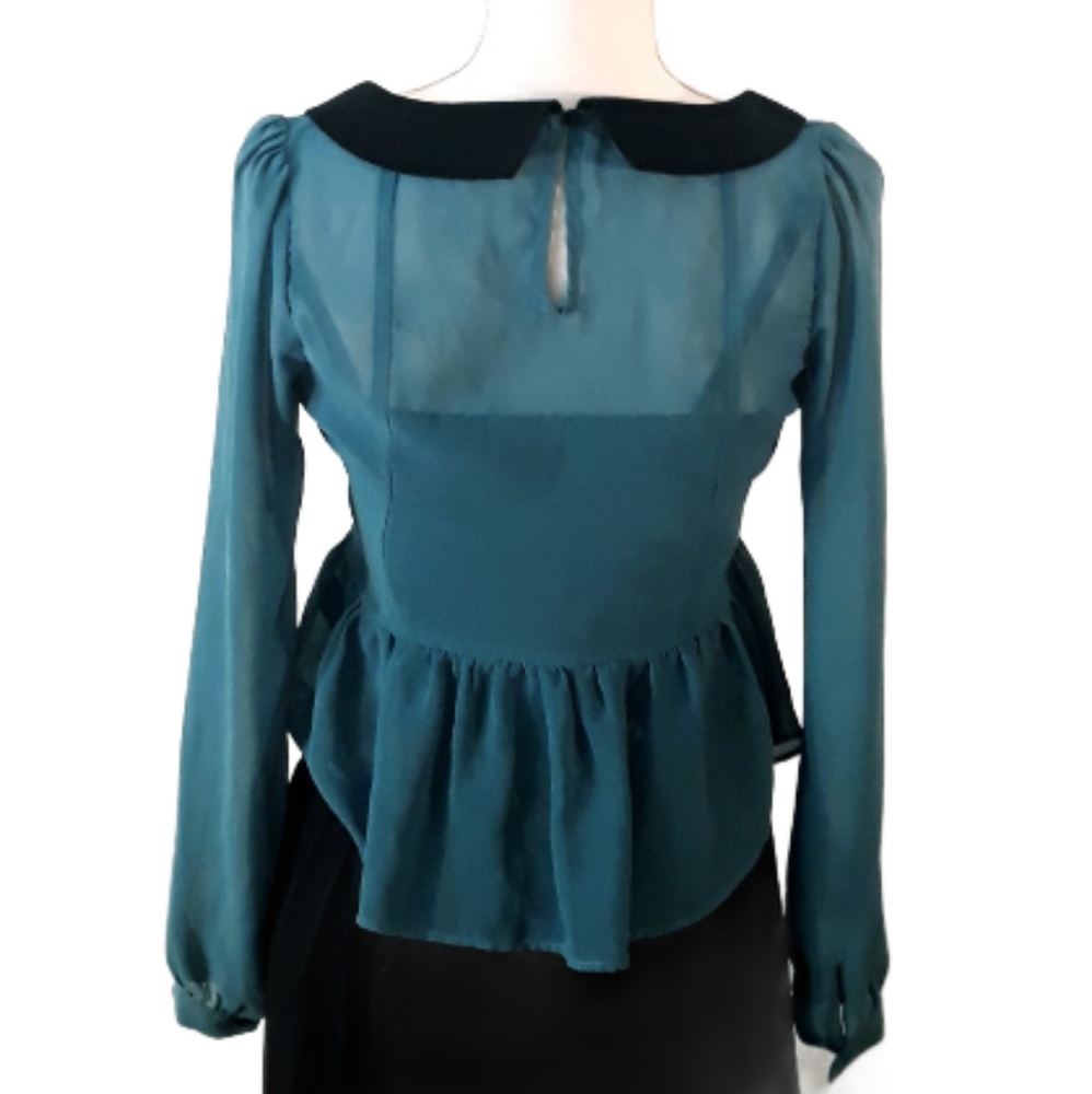 Double Zero Sheer Ruffle Front Blouse Size - Size Small/XS Teal Blue - Picture 13 of 14